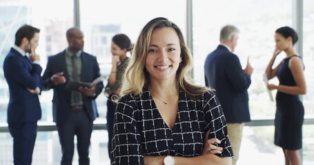 Happy business woman, arms crossed and portrait with group for leadership, management and pride at corporate law firm. Attorney, lawyer or advocate by team, people and smile in modern office