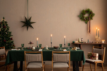 Interior design of christmas dinning room interior with table, christmas tree, chair, wreath, candle with candle stick, gifts, decoration, wooden consol and personal accessories. Family time Template. - obrazy, fototapety, plakaty
