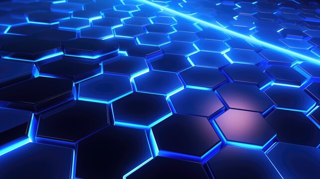 Abstract 3D futuristic background with hexagons and blue neon lights.