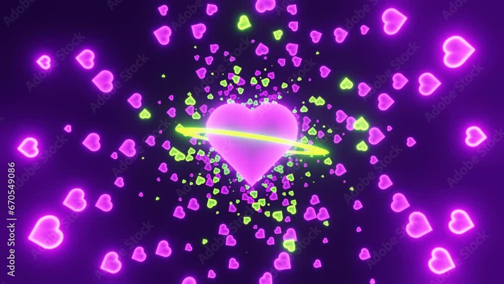 Poster abstract tunnel with 3d neon planet and glowing heart shape purple and green particles seamless loop