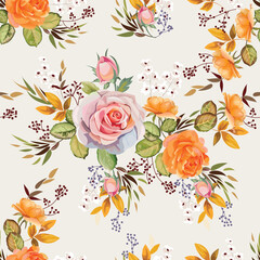 Beautiful Roses bouquet orange and pink color with wild flowers and leaves seamless pattern