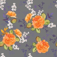 Beautiful Roses bouquet orange color with wild flowers and leaves seamless pattern