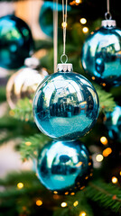 Colorful Christmas Glass baubles hanging from a christmas tree. Shallow field of view with copy space.	