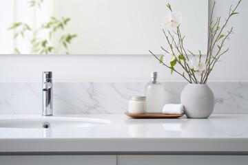 White bathroom interior design, undermount washbasin and faucet on white marble counter in modern luxury minimal washroom. - 670549051