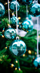 Naklejka premium Colorful Christmas Glass baubles hanging from a christmas tree. Shallow field of view with copy space. 