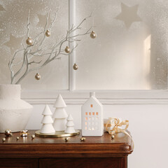 Christmas composition on the vintage shelf in the living room interior with beautiful decoration, big window, christmas brunch, candles, stars, gifts, light and elegant accessories. Template.