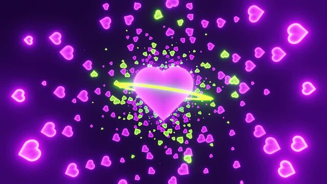Abstract tunnel with 3D neon planet and glowing heart shape purple and green particles seamless loop video 4K 30 fps video animation