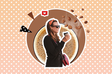 Creative digital collage stylish young woman in bandana hot coffee cup flying beans steam pastel gradient polka dot background. Contemporary style funky trendy graphic montage Coffee house advertising