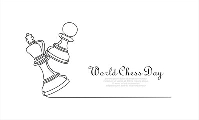 World chess day. Queen and pawn, chess pieces continuous one line art illustration. Can used for logo, emblem, slide show and banner. 