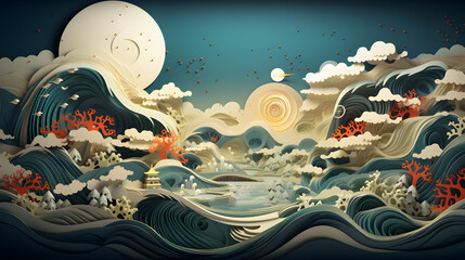 paper art Asia art digital illustration with clouds on the background