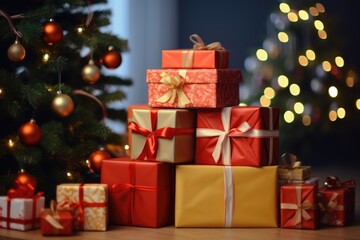 Piles of Christmas gifts under the Christmas tree, winter, New Year and holidays