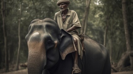 Indian elephant rider with elephant in the jungle. Wildlife Concept With Copy Space