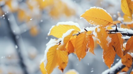 Yellow autumn leaves on a tree under the first snow