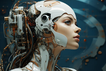 Fototapeta premium Beautiful female robot head with artificial intelligence neurons made with generative AI