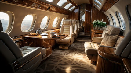 luxury interior in the modern business jet and sunlight at the window/sky and clouds through the porthole. - obrazy, fototapety, plakaty