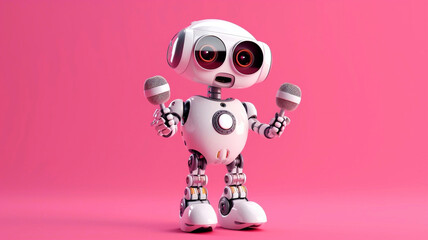 Retro Robot Singing. Robot singer vocalist with microphone