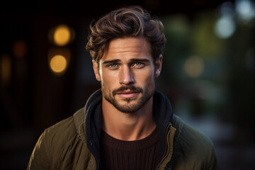 Obraz premium Generative ai technology portrait of attractive young man outdoors town city streets