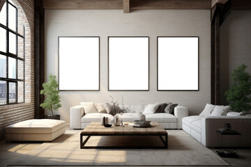 Scandinavian-style living room interior with sofas and mock-ups of paintings on the wall