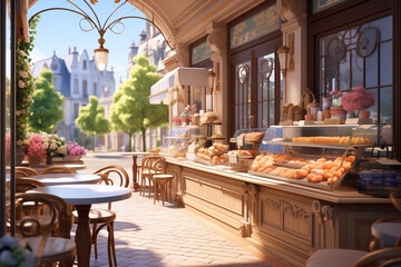 illustration of french patisserie cafe on sunny day - obrazy, fototapety, plakaty