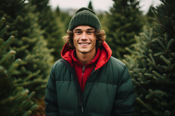 Generative ai technology portrait of attractive young student guy selling christmas tree newyear season fair