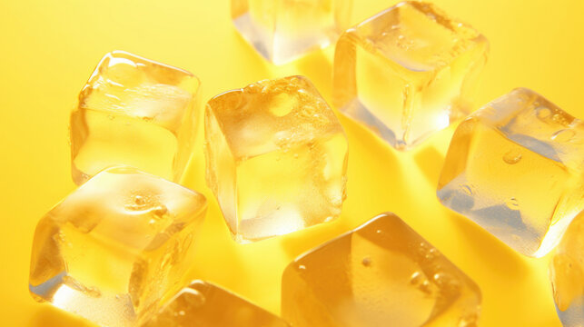 Ice cubes on a yellow background, copy space