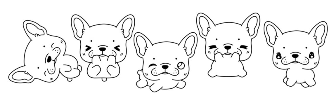 Set of Kawaii Isolated French Bulldog Puppy Coloring Page. Collection of Cute Vector Cartoon Animal Outline for Stickers, Baby Shower, Coloring Book, Prints for Clothes
