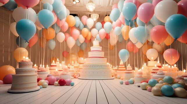 A whimsical setting: assorted balloons, each with a unique hue, hover beside a cake with lit candles, both juxtaposed against a seamless white setting.