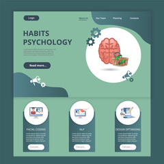 Habits psychology flat landing page website template. Facial coding, nlp, design optimising. Web banner with header, content and footer. Vector illustration.