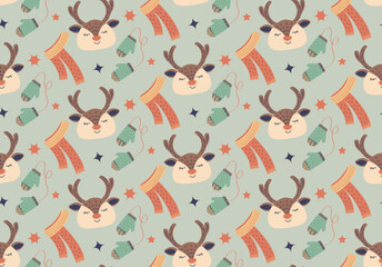 seamless pattern with deer and winter clothes
