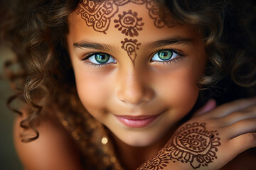 Fototapeta premium AI generated photography of cheerful child with henna tattoos on body and face