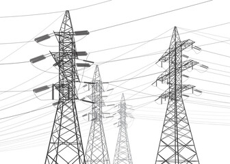 High voltage transmission systems. Electric pole. Power lines. A network of interconnected electrical. Energy pylons. City electricity infrastructure. Gray otlines on white background. Vector design