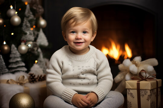 AI generated photo image of happy adorable baby with new year gift xmas garlands background