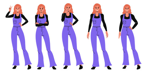 Set of girls with different poses in modern flat style. Isolated. Emotions clothes. Vector stock illustration. Person. Trendy. background. Smile, thoughtfulness, joy. Character. 
