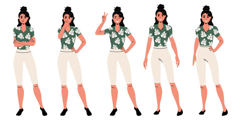 Set of girls with different poses in modern trendy flat style. White background. Emotions Character. Vector stock illustration. Isolated. Shirt with palm trees. Cloth.