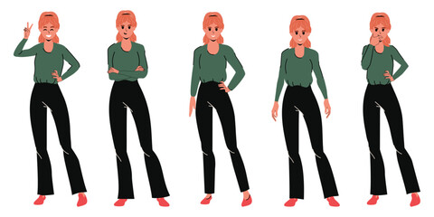 Set of girls with different poses in modern flat style. Isolated. Vector stock illustration. Person. Trendy. background. Emotions. clothes. Smile, thoughtfulness, grin, joy. Character. 