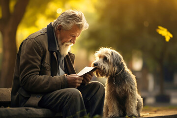 An aged man is sitting in an autumn park with a dog