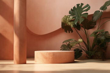 Cosmetics product display background. Podium product showcase, lush plants leaves, pastel architecture. Mediterranean mood. Empty space