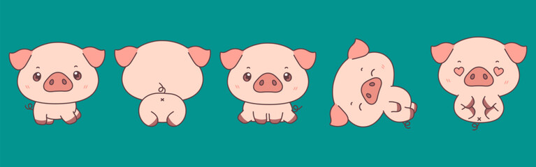 Set of Vector Cartoon Baby Farm Animal Illustrations. Collection of Kawaii Isolated Piggy Art for Stickers, Prints for Clothes, Baby Shower, Coloring Pages
