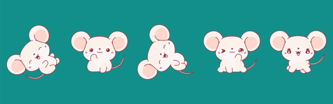 Collection of Vector Cartoon Baby Mouse Art. Set of Kawaii Isolated Rat Illustrations for Prints for Clothes, Stickers, Baby Shower, Coloring Pages