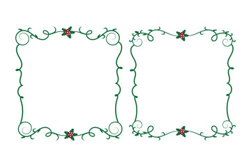 winter holly season page decor border, Merry Christmas holly leaves Square frames, berry leaf ornament frame border Decoration, Wedding greeting cards invitation card holiday page borders vector 