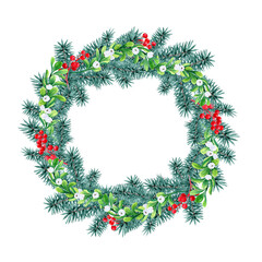 Fototapeta na wymiar aquarelle round wreath for traditional Christmas decor and Christmas attire with fir paws and snowberries