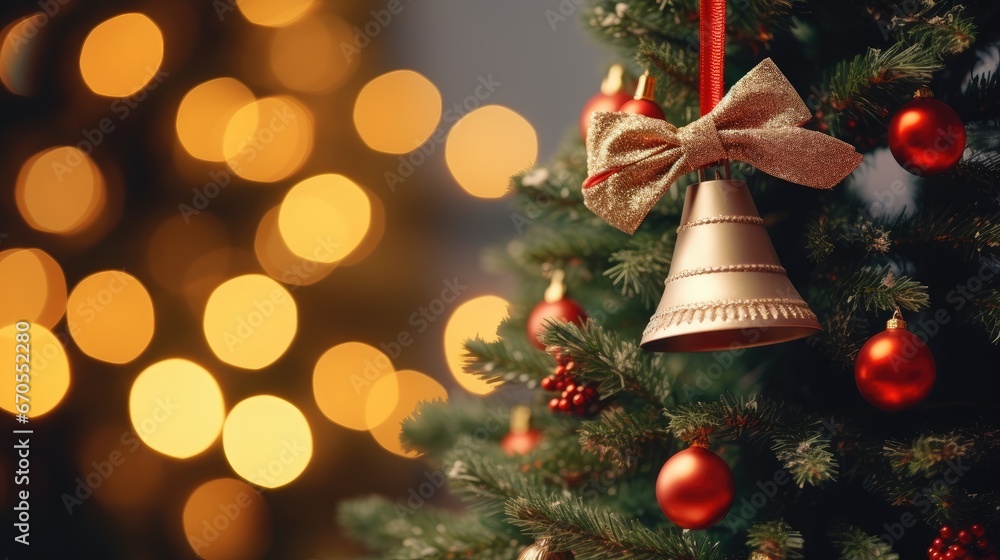 Poster a close up of a christmas tree with a bell on it and a bow on the top of the tree. generative ai