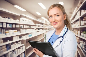 Pharmacy portrat of young woman for medicine management, AI generated image