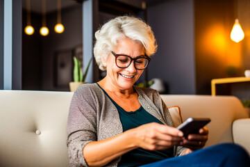 Femme senior utilisant son téléphone portable  et souriant