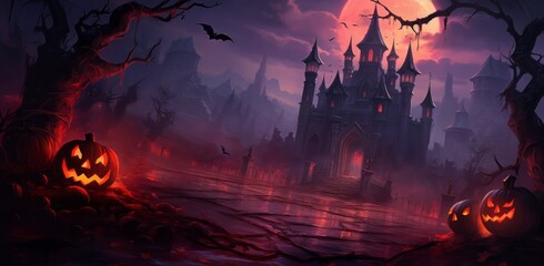 a castle with red lights and bats
