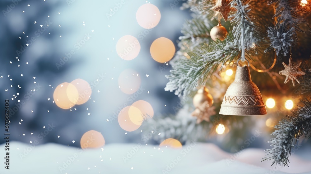 Poster a christmas tree with a bell hanging from it's side in front of a blurry background of lights. gener