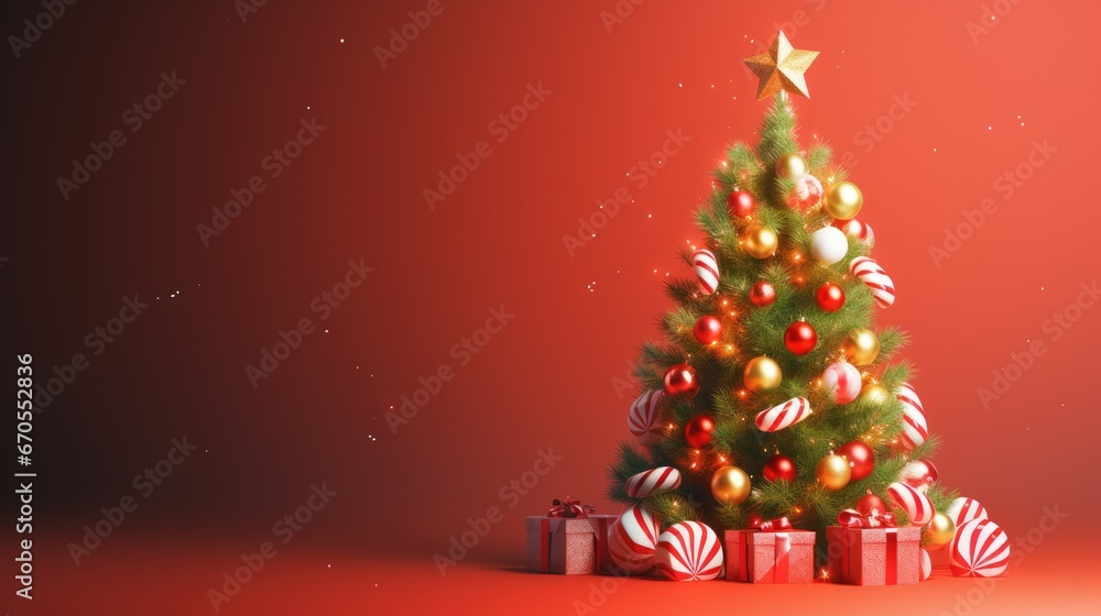 Poster a christmas tree with presents around it on a red background with a star on top of it and a star on 