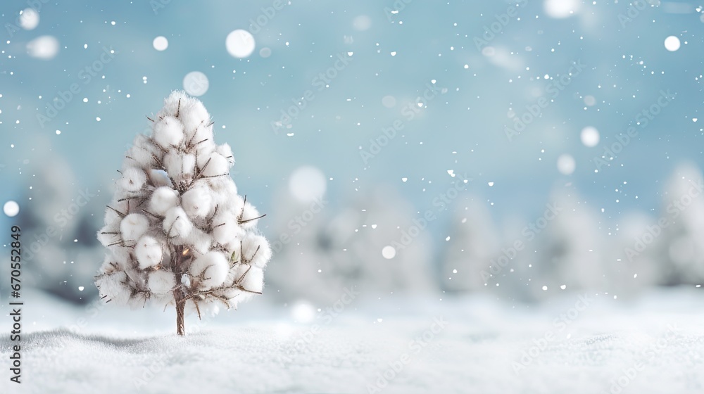 Poster a small white tree sitting in the middle of a snow covered field with snow flakes on top of it. gene