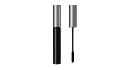 Silver black bottle of mascara and brush isolated on transparent and white background. Cosmetic concept. 3D render