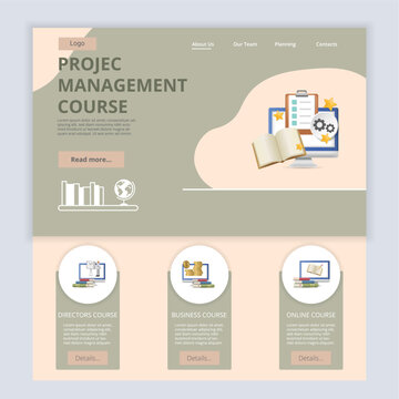 Project management course flat landing page website template. Directors course, business course, online course. Web banner with header, content and footer. Vector illustration.